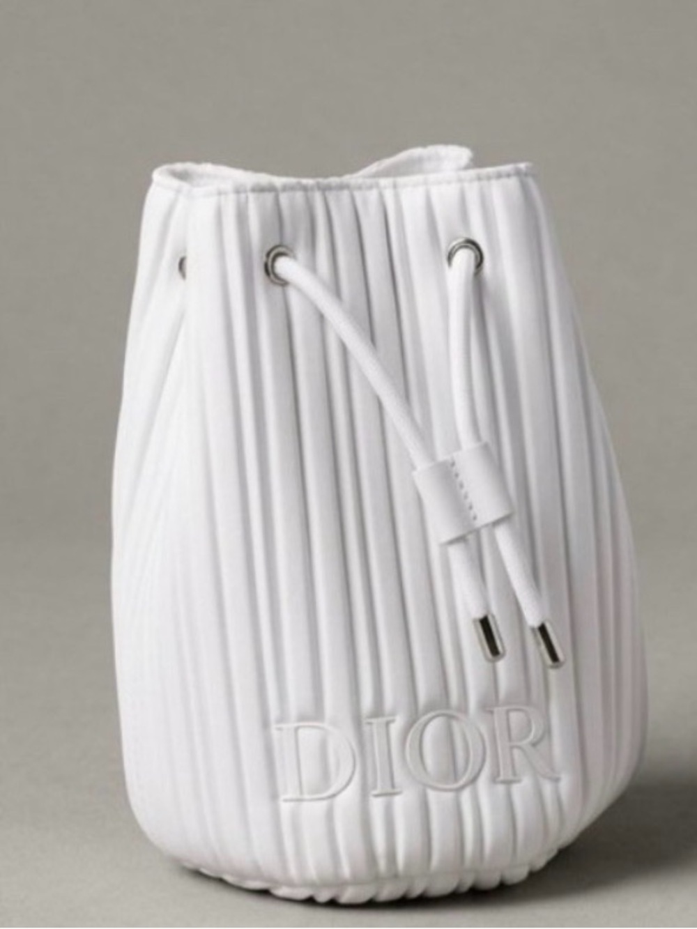 Dior White Pleated Drawstring Pouch with Embossed Logo